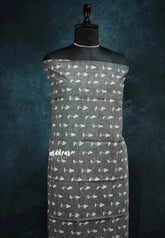 Halfwhite with Ikkat grey blouse - Sowmiya - Organic Bamboo Cotton with handblock print